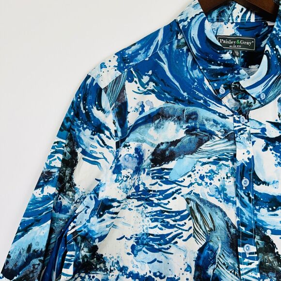 Mens Graphic Button Up Shirt Size XXL Blues Ocean Waves Slim Fit Paisley &‎ Gray - Picture 7 of 16